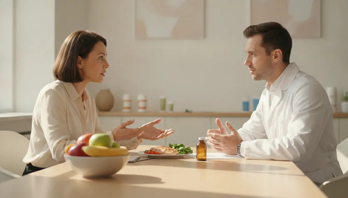 Woman discussing gabapentin side effects and nutrition with a pharmacist