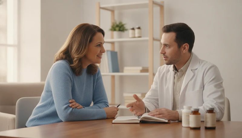 Woman discussing nutrition and supplement safety with a pharmacist