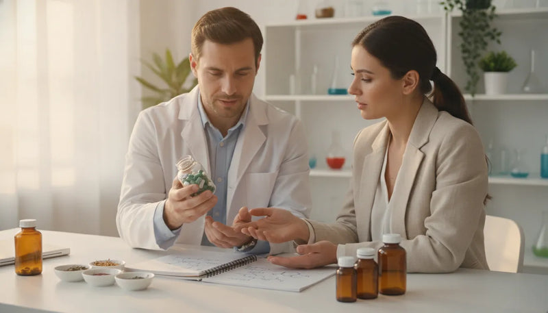 Pharmacist and physician reviewing supplement formulas