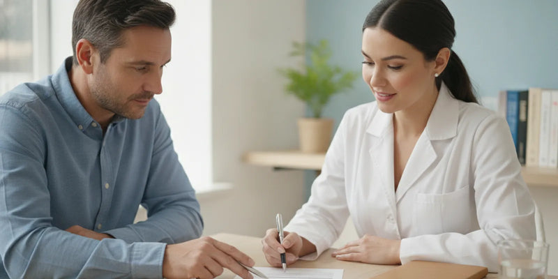 An adult reviewing a supplement label with a pharmacist at a consultation table