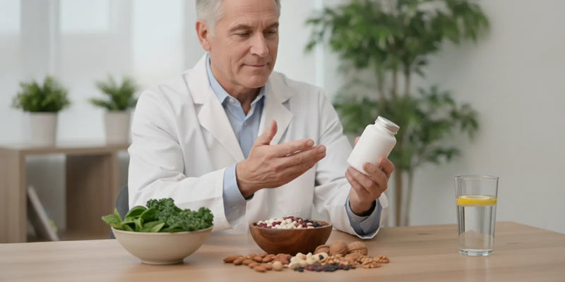 Unbranded magnesium supplement beside leafy greens, nuts, and a glass of water