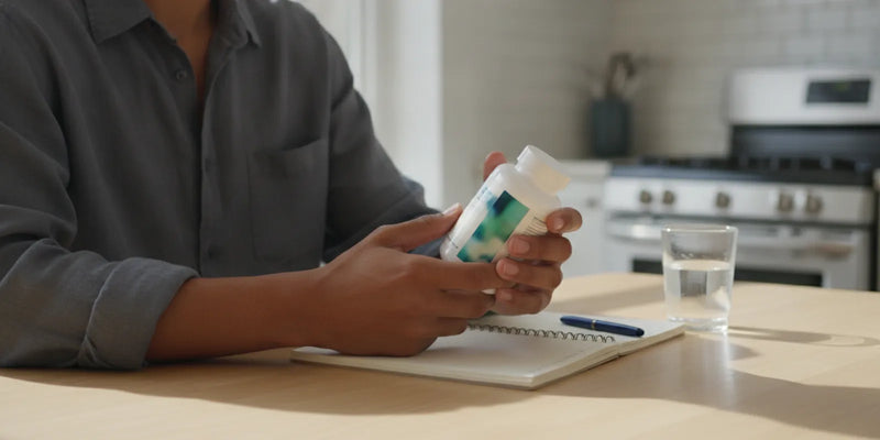 An adult reviewing a supplement facts label beside a notebook and a glass of water