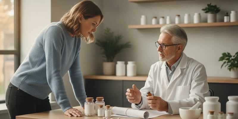 A patient and pharmacist reviewing a medication list and supplement labels at a consultation table