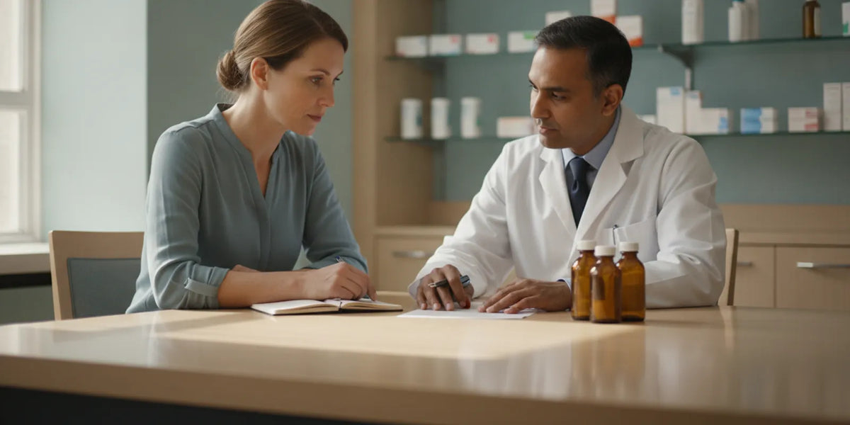 A pharmacist reviewing a medication list and vitamin bottles with an adult patient