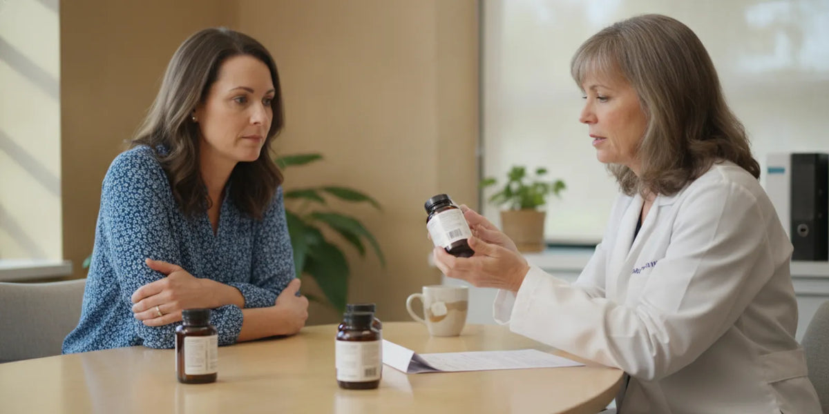 Healthcare professional reviewing a supplement label and medication list with a patient
