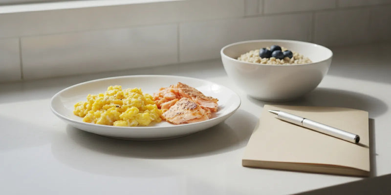 Vitamin B12-rich foods arranged on a kitchen counter beside a notebook
