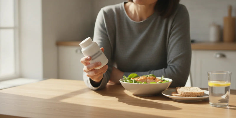 A person reviewing a vitamin B12 supplement label beside a balanced meal