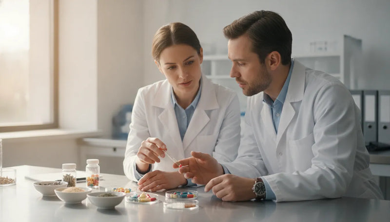 Pharmacist and physician reviewing a clinically dosed supplement formula