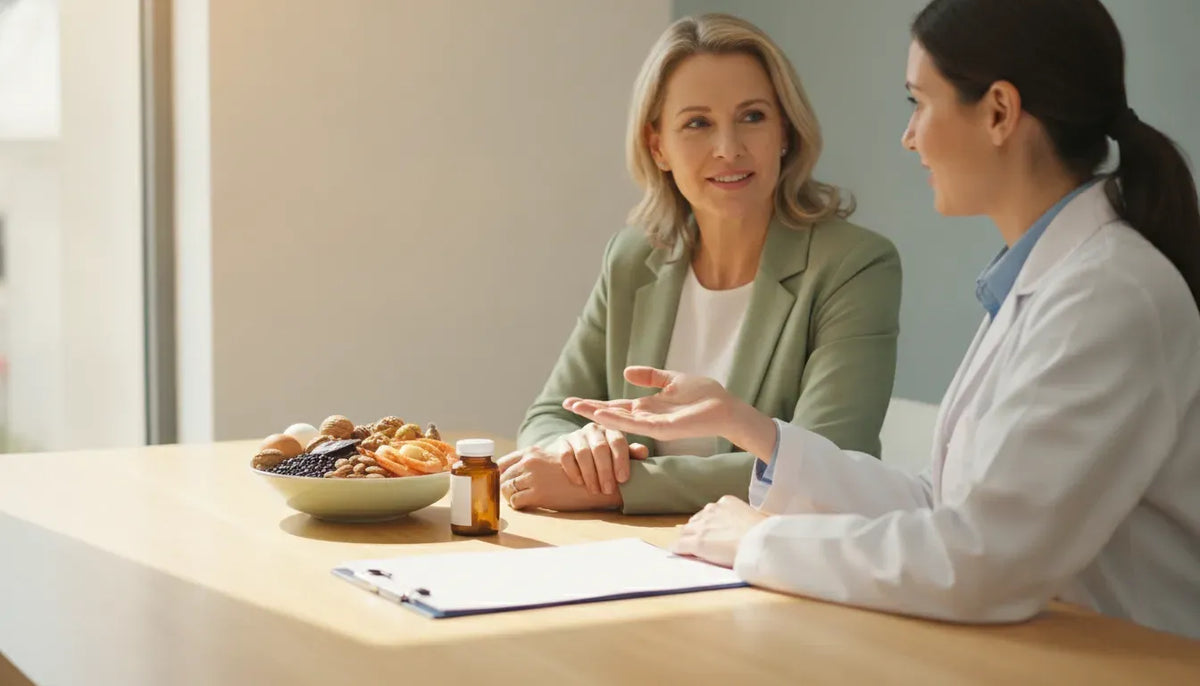 Pharmacist discussing a zinc supplement and food sources with an adult woman